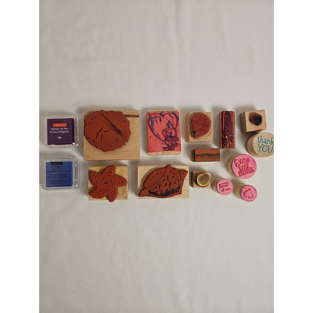 Lot of 13 Wood Mounted Rubber Stamps with 2 Craft Smart Ink Pads Heart Starfish